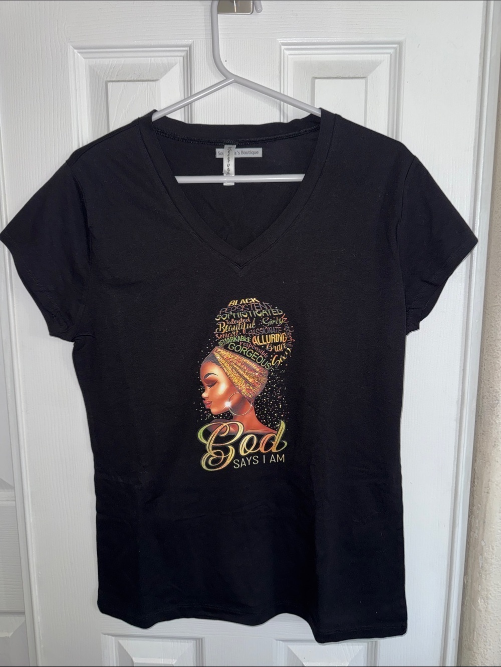 Reserved Black V-Neck Tee with Gold Graphic — 'God Says I Am'